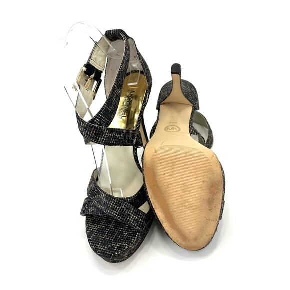 Michael Kors Evie Stiletto Heel Sandal Sz 8.5 Black/Gold Platform Spark Glitter - Picture 7 of 16